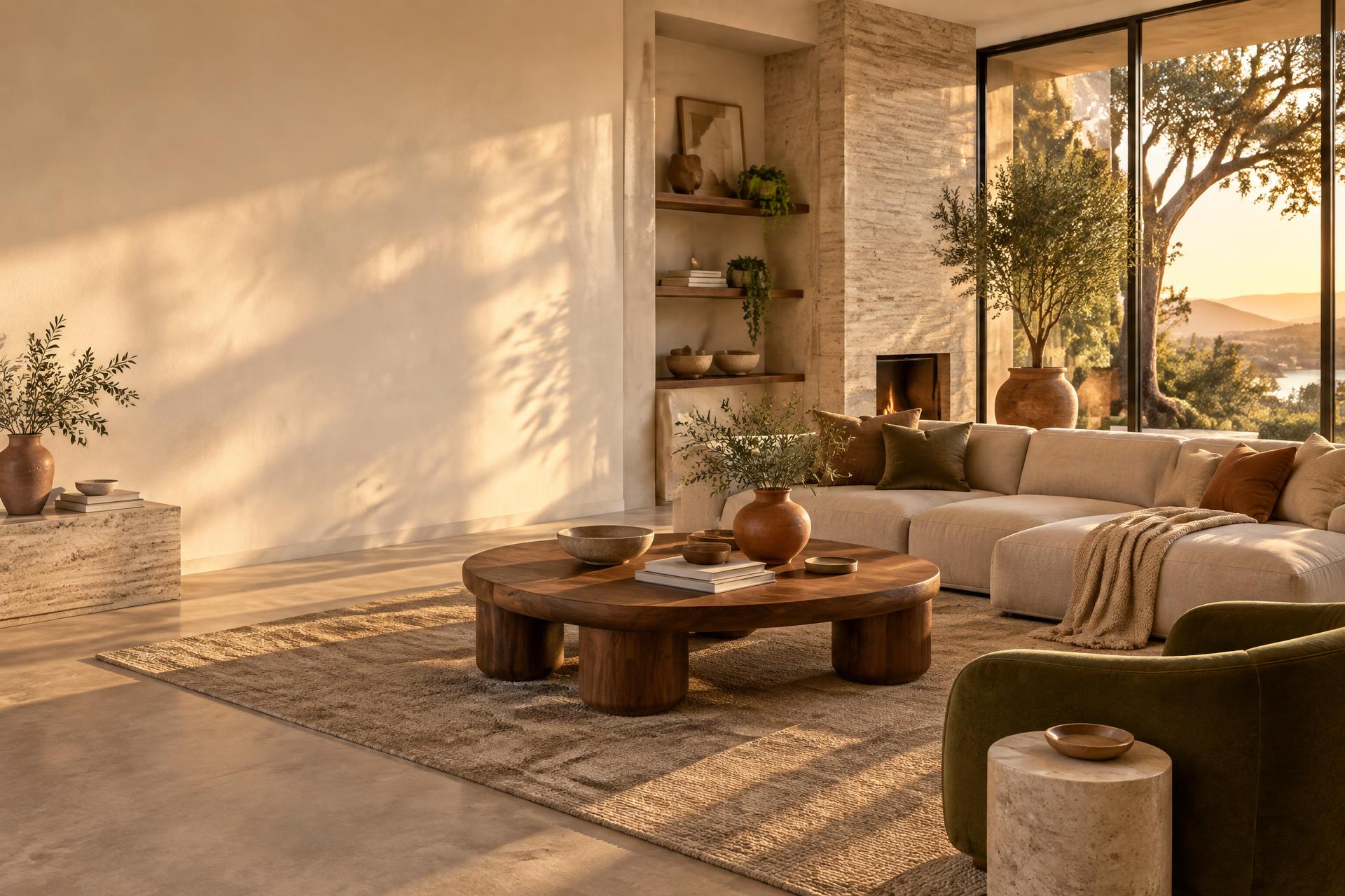A warmly lit, professionally staged luxury living room